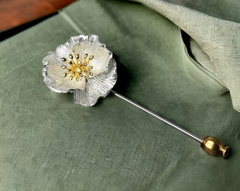 Sterling Silver 925  Flower Brooch , Women Jewelry,  Sterling Silver Poppy Flower brooch, Gift for Her, Vintage Brooch, Gift for Her, Gold