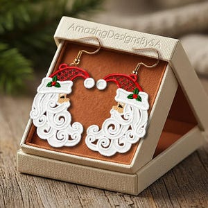 FSL Crescent Moon Santa earrings machine embroidery design download, Free Standing Lace Christmas pattern digital embroidery files #A61