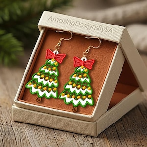 FSL Christmas Tree Bow earrings machine embroidery design download, Free Standing Lace Christmas pattern digital embroidery files #A59