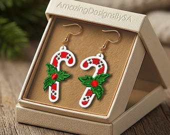 FSL Christmas Candy Cane with Holly earrings machine embroidery design download, Free Standing Lace Christmas digital embroidery files #A66