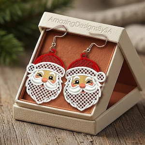 FSL Santa earrings machine embroidery design download, Free Standing Lace Christmas pattern digital embroidery files, FSL Santa head #A46