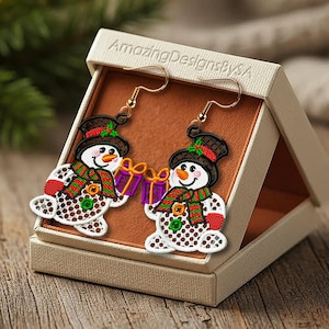FSL Christmas snowman earrings machine embroidery design download, Free Standing Lace Christmas pattern digital embroidery files #A56