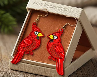 FSL Red cardinal earrings machine embroidery design download, Free Standing Lace Christmas pattern digital embroidery files #A51