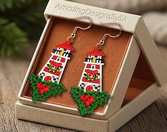 Descarga del diseño de bordado a máquina de pendientes de faro navideño FSL, archivo digital de bordado con patrón navideño de encaje independiente #A57