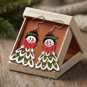 FSL Snowman christmas tree earrings machine embroidery design download, Free Standing Lace Christmas pattern digital embroidery files #A55