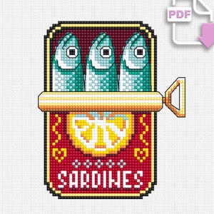 Retro sardiner i en burk korsstygnsmönster PDF-nedladdning Korsstygnsdiagram för konserverade sardiner, Digitalt fiskmönster, Rolig köksinredning #A11