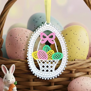 FSL Easter Egg Basket Machine Embroidery Design Download, Free Standing Lace Easter Ornament, Digital Embroidery File, Lace Basket Eggs #A99