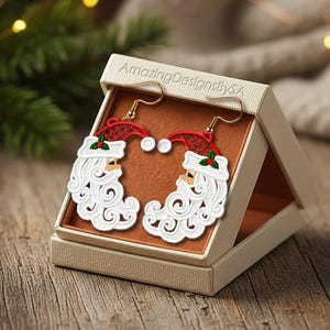 FSL Crescent Moon Santa earrings machine embroidery design download, Free Standing Lace Christmas pattern digital embroidery files #A61