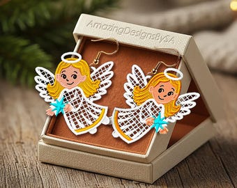 FSL Christmas angel earrings machine embroidery design download, Free Standing Lace Christmas pattern digital embroidery files #A49