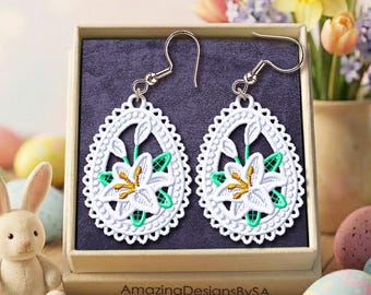 Boucles d'oreilles fleur de lys oeuf de Pâques FSL Téléchargement de motif de broderie Machine, fichiers de broderie numérique dentelle sur pied, bijoux de lys blancs # A103