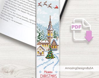 Merry Christmas bookmark cross stitch pattern PDF download Christmas village cross stitch Bookmark pattern digital PDF Winter landscape #A30