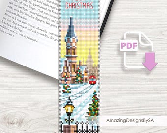 Merry Christmas bookmark cross stitch pattern PDF download Christmas city cross stitch chart, Holiday bookmark pattern digital PDF #A33