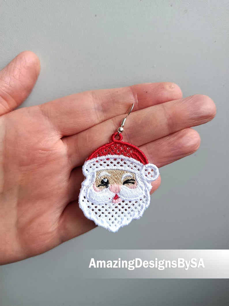 FSL Santa earrings machine embroidery design download, Free Standing Lace Christmas pattern digital embroidery files, FSL Santa head #A46 image 7