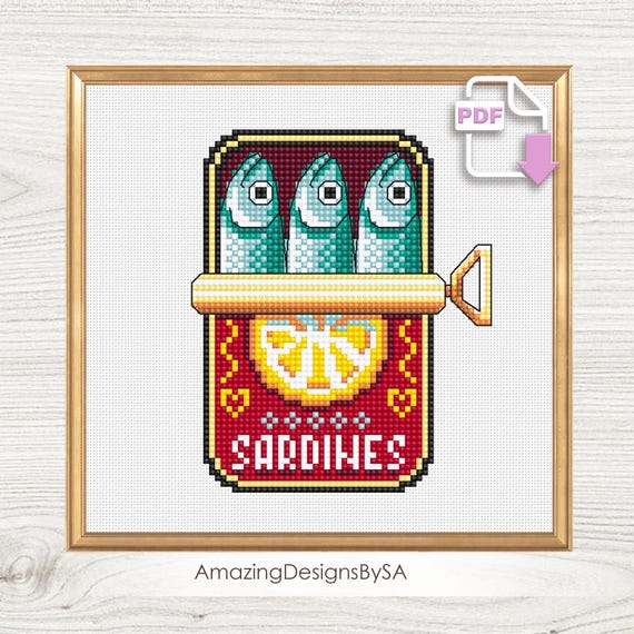 Retro sardines in a can cross stitch pattern PDF download Tinned sardines cross stitch chart, Fish pattern digital, Funny kitchen decor #A11