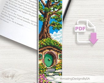 Fairy house bladwijzer kruissteekpatroon PDF instant download Fairy hole kruissteekkaart, bladwijzer patroon digitale PDF, groene deur #A1
