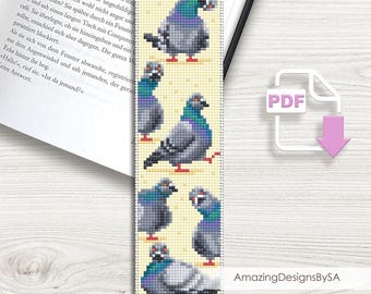 Patrón de punto de cruz para marcapáginas de paloma divertida, descarga en PDF. Gráfico de punto de cruz de palomas pequeñas, Patrón digital de marcapáginas de pájaro, Regalos de paloma #A16