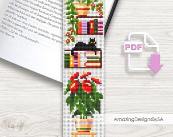 Сat and plants bookmark cross stitch pattern PDF instant download Cozy cross stitch chart, Handmade bookmark pattern digital PDF #A41