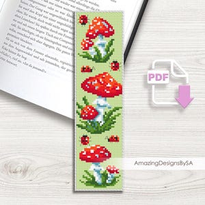 Marcador de cogumelos em ponto cruz PDF para download instantâneo Gráfico de ponto cruz de agárico-mosca, Marcador de natureza em PDF digital #A21