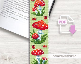 Mushroom bookmark cross stitch pattern PDF instant download Fly agaric cross stitch chart, Nature bookmark pattern digital PDF #A21