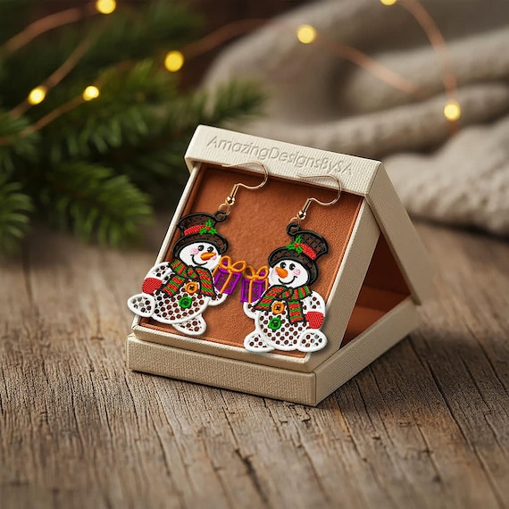 FSL Christmas snowman earrings machine embroidery design download, Free Standing Lace Christmas pattern digital embroidery files #A56