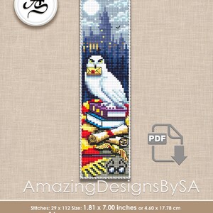 May include: Counted cross stitch pattern of a white owl with a letter in its beak, perched on a stack of books and scrolls. The background features a dark silhouette of a castle with a full moon. The pattern is available for instant download. The pattern is 1.81 inches by 7.00 inches.