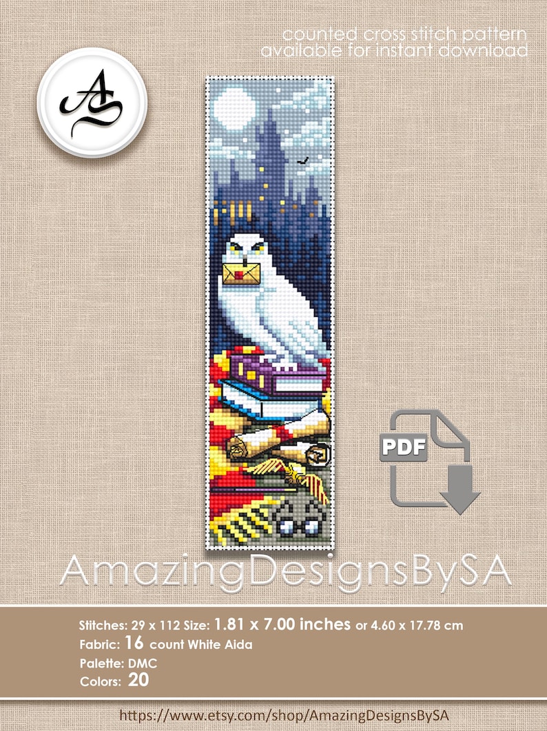 May include: Counted cross stitch pattern of a white owl with a letter in its beak, perched on a stack of books and scrolls. The background features a dark silhouette of a castle with a full moon. The pattern is available for instant download. The pattern is 1.81 inches by 7.00 inches.