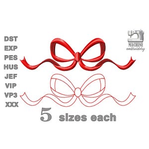 May include: Red and white embroidery design of a bow with a ribbon. The design is available in 5 sizes. The text "5 sizes each" is below the design.
