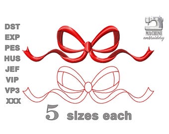 Bow embroidery design Machine embroidery pattern 5 size Embroidery files fill stitch bow, Pretty bow satin and line embroidery for girl #A3