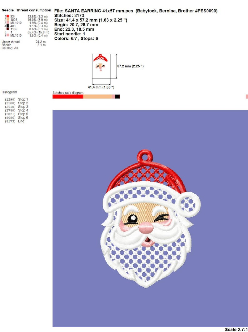 FSL Santa earrings machine embroidery design download, Free Standing Lace Christmas pattern digital embroidery files, FSL Santa head #A46 image 3
