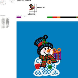 May include: Embroidered snowman design with a black top hat, red and green scarf, and a purple gift box. The snowman is white with blue polka dots and measures 1.44 x 2.16 inches.