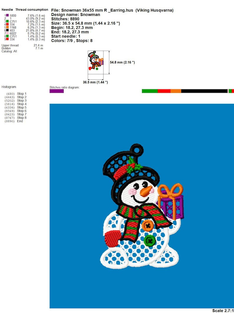 May include: Embroidered snowman design with a black top hat, red and green scarf, and a purple gift box. The snowman is white with blue polka dots and measures 1.44 x 2.16 inches.