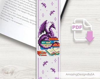 Signet dragon motif point de croix PDF Téléchargement instantané Dragon avec des livres grille de point de croix, signet fantaisie motif numérique PDF #A23