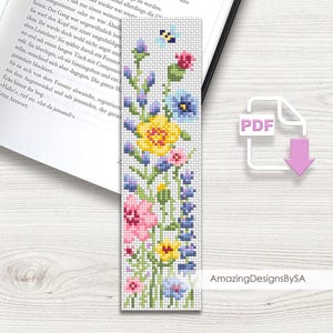 Bladwijzer met bloemen, kruissteekpatroon pdf-download Kruissteekkaart wilde bloemen, bladwijzerpatroon digitaal, aquarelbloemen #A20
