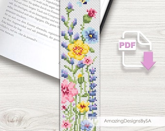 Flower bookmark cross stitch pattern PDF download Wildflowers cross stitch chart, Floral bookmark pattern digital, Watercolor flowers #A20