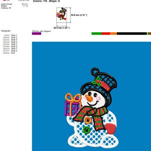 May include: Embroidered snowman design with a black top hat, a red and green scarf, and a gift. The snowman is white with blue polka dots and has a carrot nose. The design measures 1.44 x 2.16 inches.