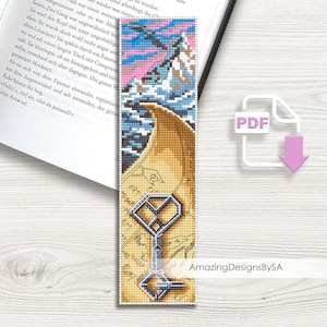 Fantasie bladwijzer kruissteekpatroon PDF download magische sleutel kruissteekkaart, bladwijzerpatroon digitaal, wereldkaart wizard, dwergsleutel #A10