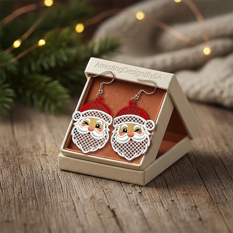 FSL Santa earrings machine embroidery design download, Free Standing Lace Christmas pattern digital embroidery files, FSL Santa head #A46 image 1