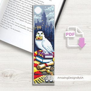 Könnte beinhalten: Ein Kreuzstichmuster mit einer weißen Eule, die einen Brief im Schnabel hält und auf einem Stapel Bücher und Schriftrollen sitzt. Die Eule ist vor einem dunkelblauen Hintergrund mit einem Schloss in der Ferne platziert. Das Muster ist mit "PDF" und "AmazingDesignsBySA" gekennzeichnet.