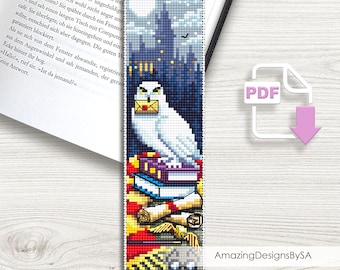 Patrón de punto de cruz para marcapáginas de fantasía en PDF, descarga gratuita. Gráfico de punto de cruz de lechuza de granero de hadas, patrón de marcapáginas mágico en PDF digital, Escuela de magos #A5