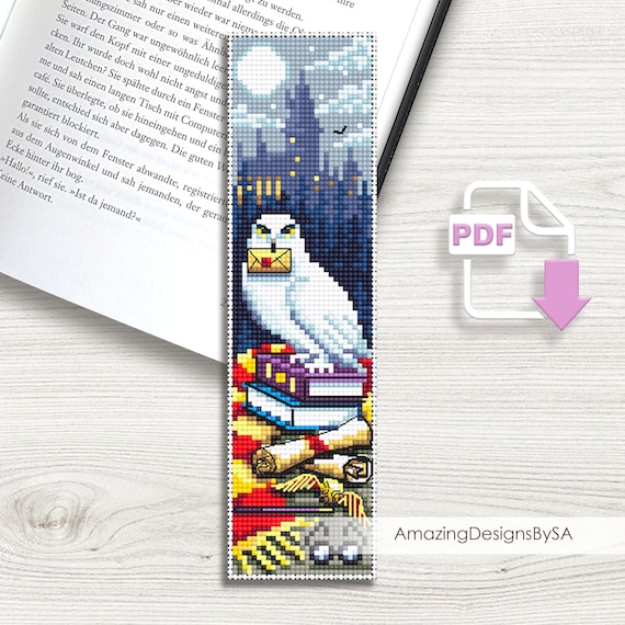 Fantasy bookmark cross stitch pattern PDF download Fairy barn owl cross stitch chart, Magic bookmark pattern digital PDF, Wizard school #A5