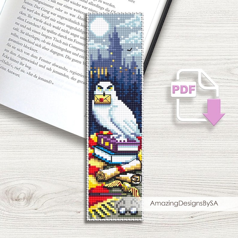 May include: A cross-stitch pattern featuring a white owl with a letter in its beak, perched on a stack of books and scrolls. The owl is set against a dark blue background with a castle in the distance. The pattern is labeled "PDF" and "AmazingDesignsBySA".