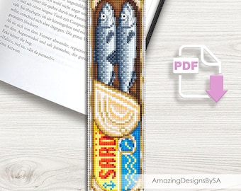 Sardine bookmark cross stitch pattern PDF download Canned sardines cross stitch chart, Funny bookmark pattern digital PDF, Small fish #A15