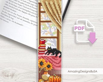 Fall bookmark cross stitch pattern PDF instant download Autumn window and cat cross stitch chart, Cozy bookmark pattern digital PDF #A40