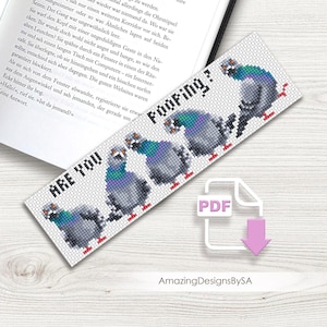 Puede incluir: Marcapáginas blanco con palomas pixeladas y el texto "ARE YOU POOFING?". El marcapáginas tiene un icono PDF y el texto "Amazing DesignsBySA". El diseño presenta un tema humorístico.