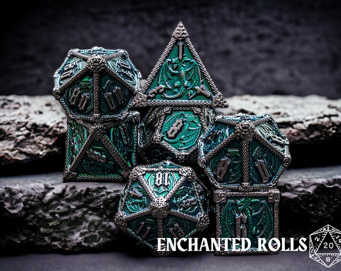 Metal Dice Set DnD RPGs | Polyhedral Eldritch Dragon Design | Dungeons & Fantasy Gaming
