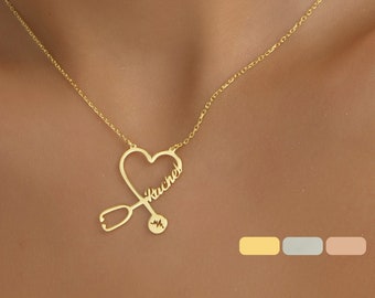 14K Gold Personalized Stethoscope Name Necklace, Custom Stethoscope Necklace, Doctor Gift, Nurse Gift, Medical Student Gift, Mothers Day