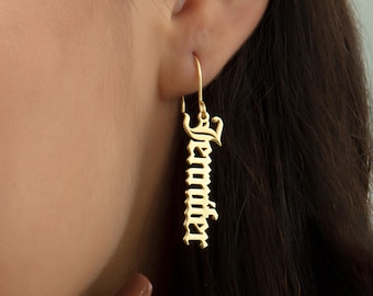 14K Gold Old English Name Earrings – Personalized Letter Jewelry – Birthday Gift for Women – Everyday Gold Stud Earrings – Christmas Gift