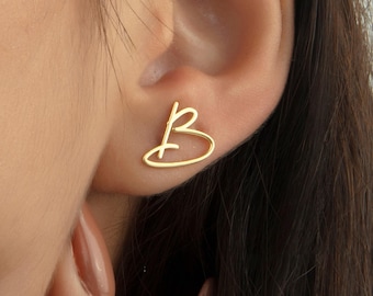 Custom Initial Earrings, 14K Gold Stud Earrings, Gifts for Mom, 21st Birthday Gift, Bridesmaid Gifts,Personalized Gifts for Her