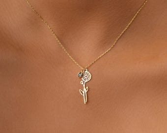 14K Gold Birth Flower Necklace with Birthstone, Personalized Jewelry, Birthstone Necklace, Christmas Gifts, Birthday Gifts for Her