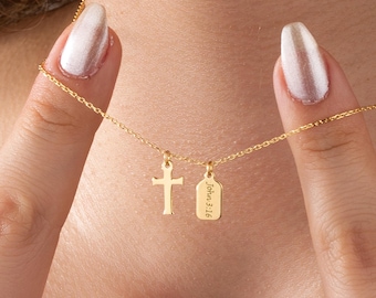 Dainty Cross & Tag Necklace • Personalized Engraved Cross Jewelry • Custom Faith Necklace Gift for Her • Christian Necklace for Mother